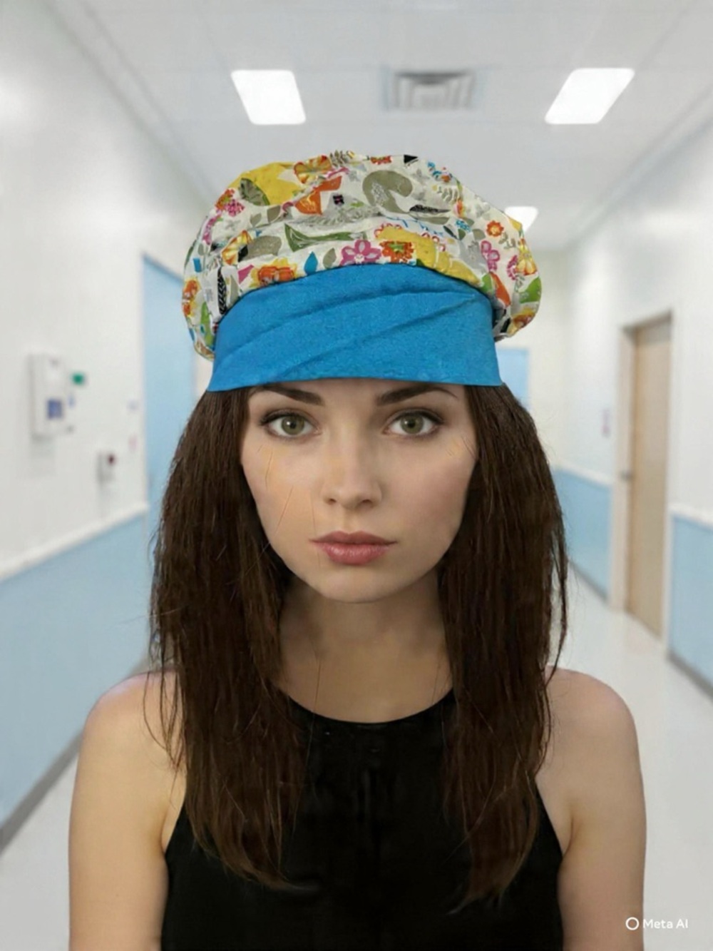 Surgical  Hat with Bright Blue Band and Colorful Pattern